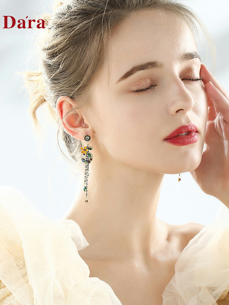 戴拉925銀針復古數字花朵耳環女版長款流蘇修飾臉型網紅耳飾