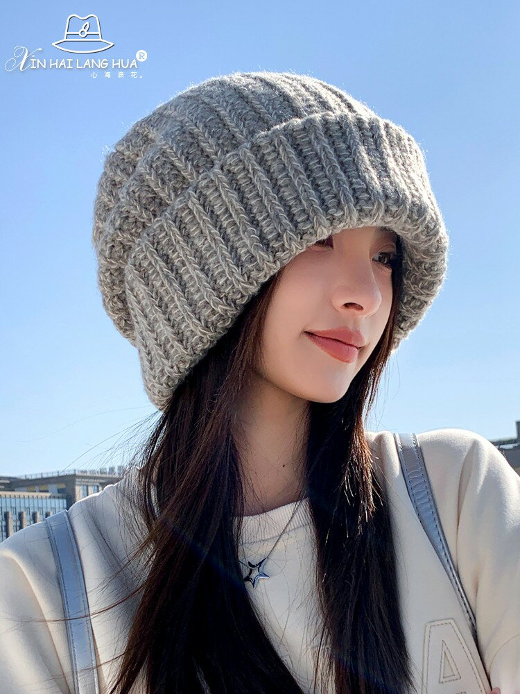 大頭圍針織毛線帽子女秋冬季加厚保暖顯臉小百搭冷帽護耳堆堆帽潮