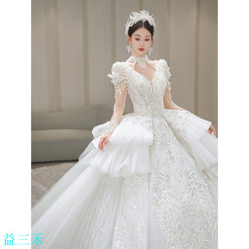 高階婚紗2024新款新娘夏季重工高階質感奢華大拖尾儀式主紗禮服女-益三禾