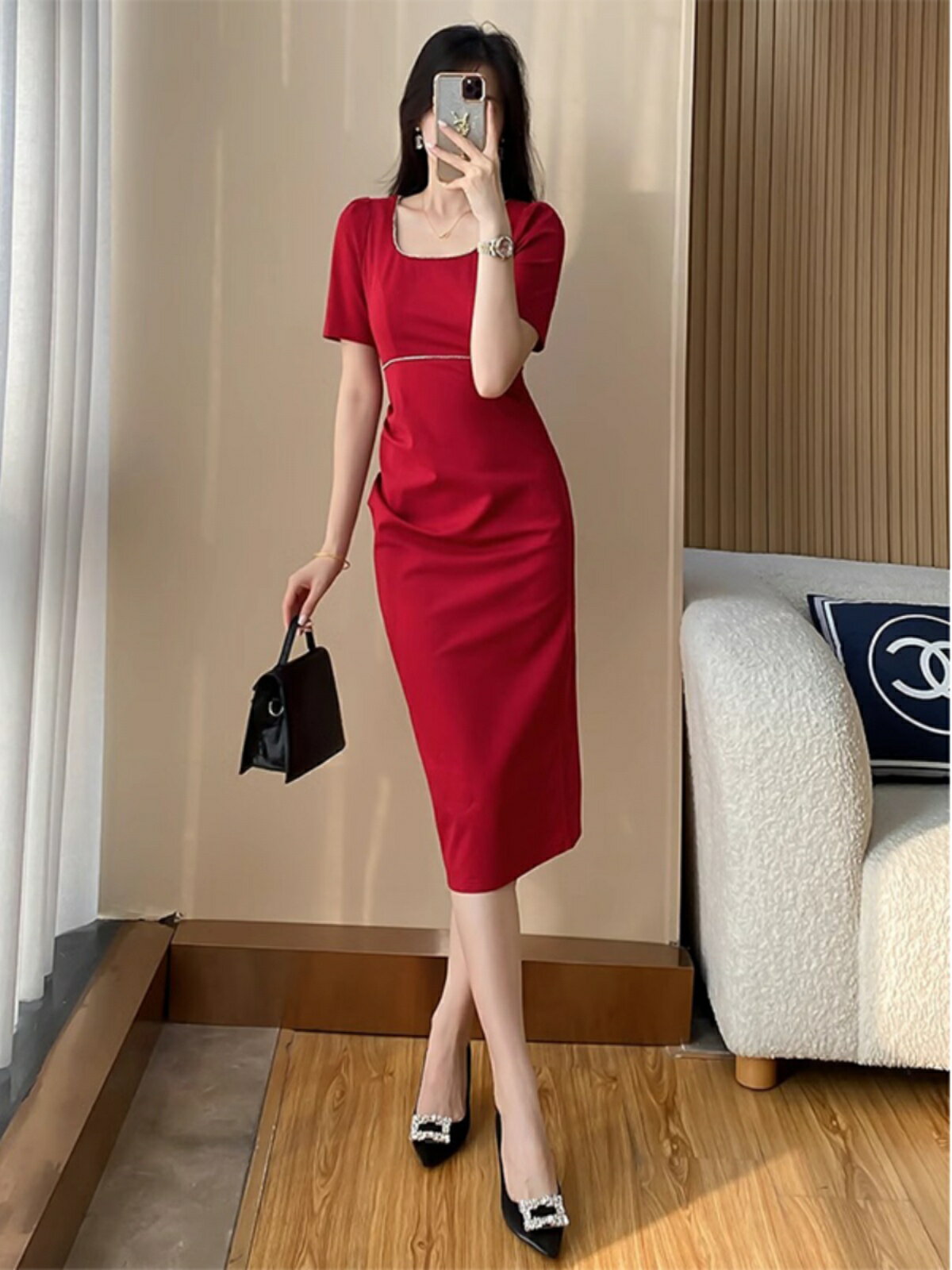 法式紅色連衣裙女夏新款短袖氣質名媛輕奢平時可穿高級感晚禮服