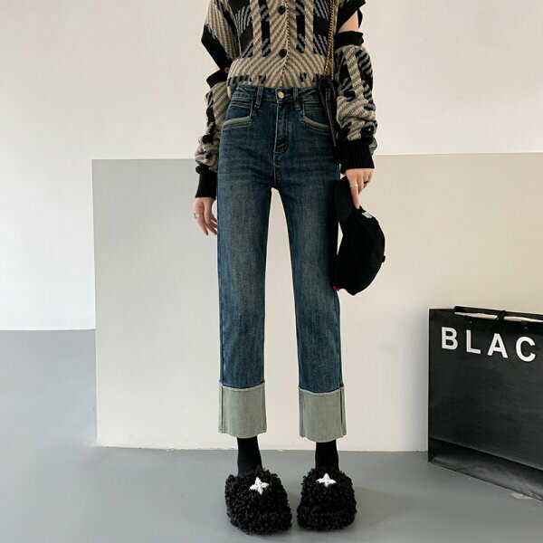 免運 休閒牛仔褲女 卷邊高腰直筒牛仔褲女2024年春季新款韓版彈力顯瘦八分九分長褲 快速出貨