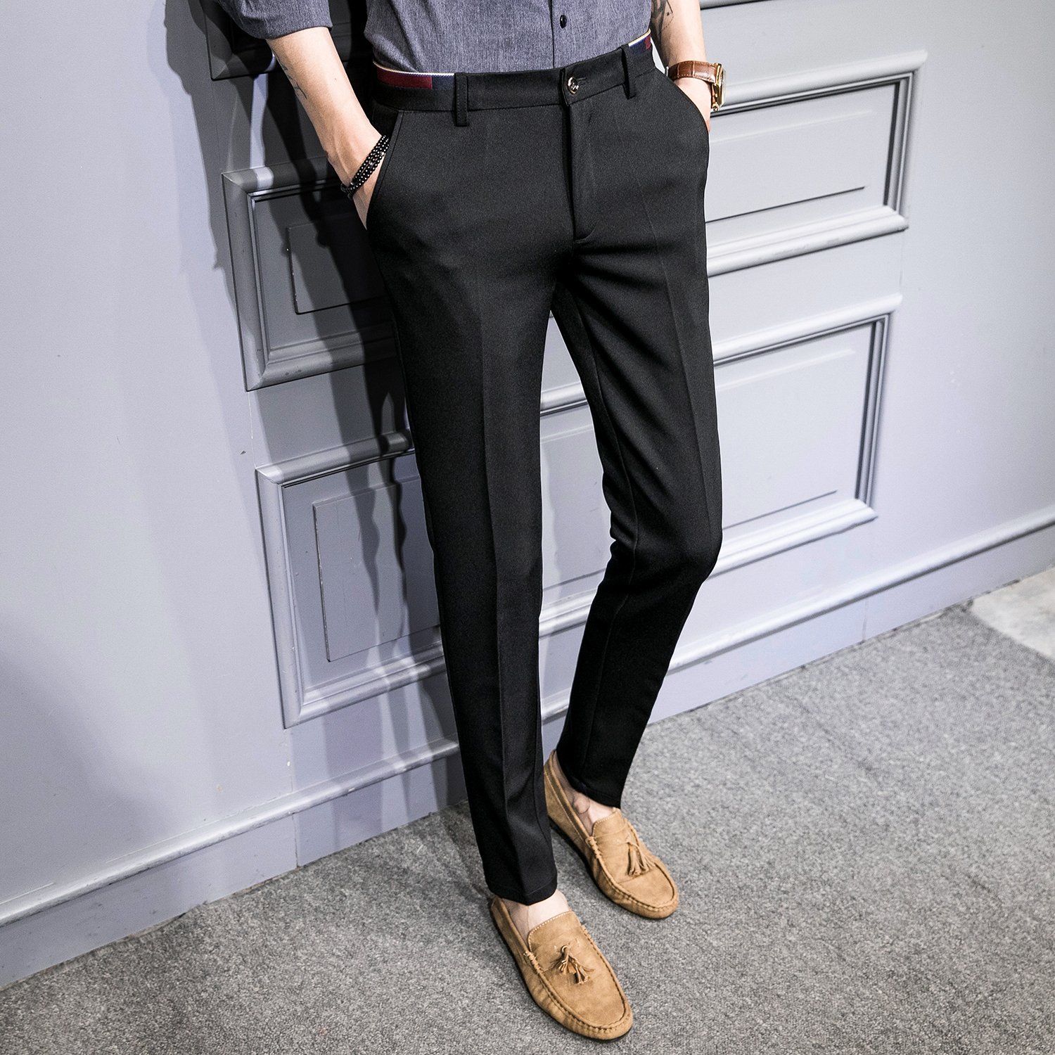 FINDSENSE H1 2018 夏季 新款 男 日本 純色 商務休閒 舒適透氣 彈力 修身 長褲 小腳 西裝褲
