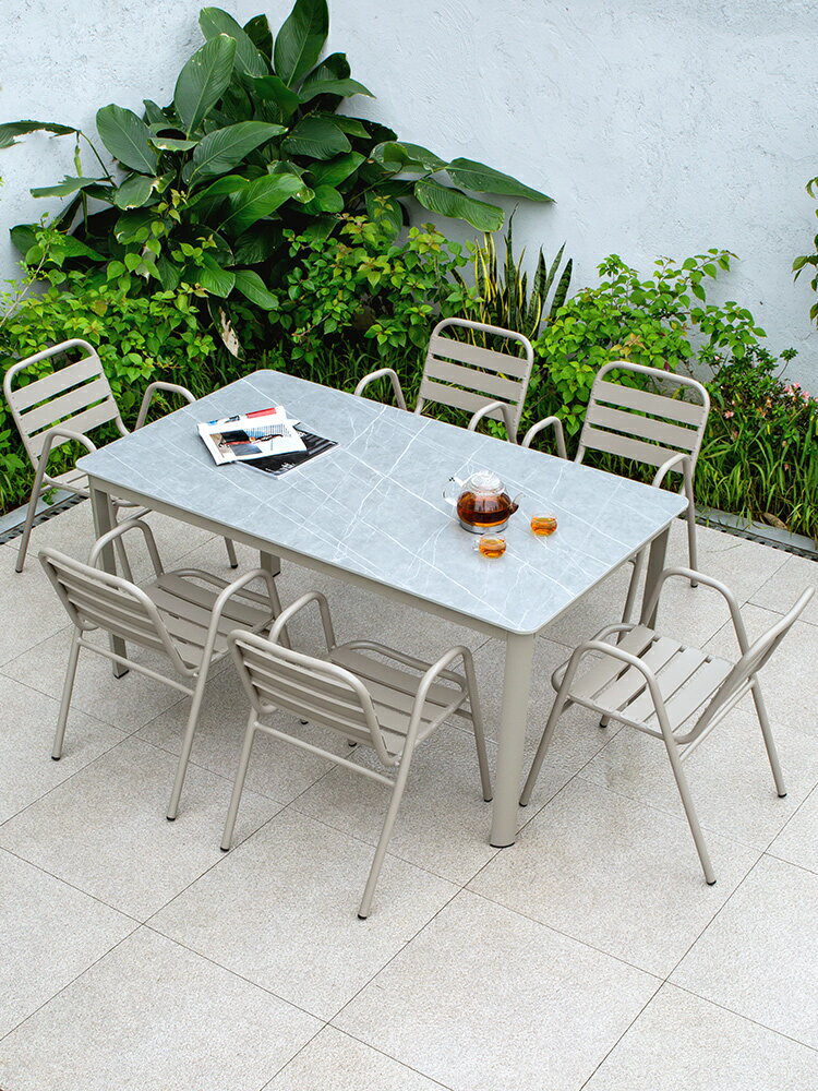 戶外巖板桌椅組合花園庭院簡約現代防水別墅歐式輕奢鋁合金餐桌椅