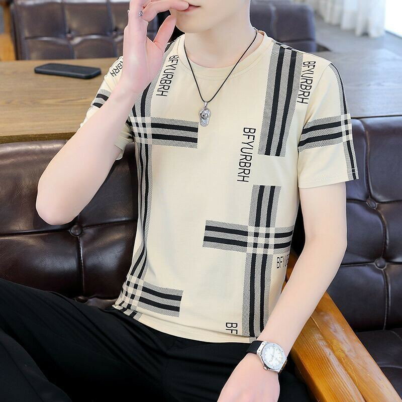 休閒冰絲上衣男|大尺碼100公斤男裝上衣|印花短袖T恤|夏季新款圓領衣服|韓版潮流上衣|百搭條紋衫|寬鬆半袖衫|撞色上衣