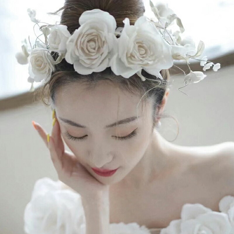 唯美超仙多層森系花朵頭飾發箍新娘結婚婚紗配飾跟妝造型品