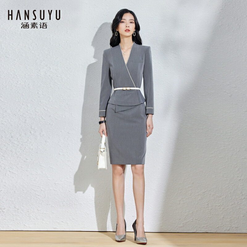 灰色職業裝連衣裙ol空姐制服氣質女神範套裝前臺接待工作裝女高階