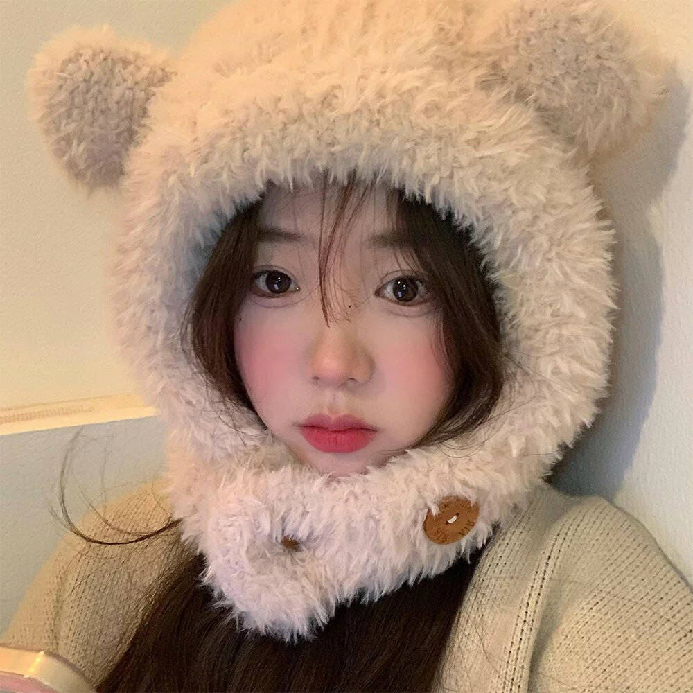毛絨小熊耳朵巴拉克拉法帽女秋冬季保暖護耳帽子圍脖一體毛線帽子