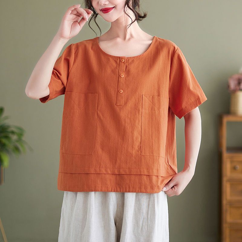 棉麻上衣文藝復古短袖上衣洋氣百搭圓領大碼寬版休閒t恤衫【淘夢屋】