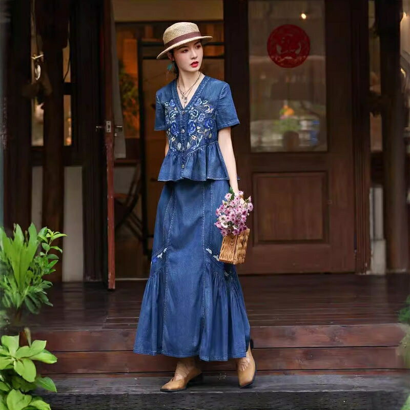 現貨+預購 新中式休閒套裝連身長裙裝(繡花牛仔開衫半身裙女裝74ku84)【獨家進口】【米蘭精品】