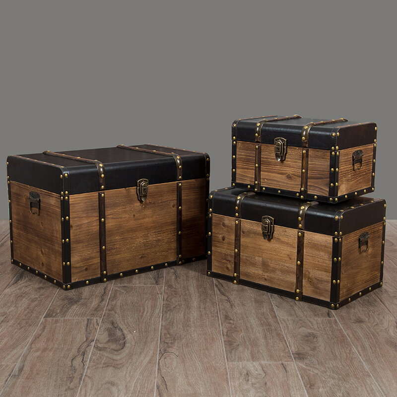 收納箱 復古皮箱實木箱子帶鎖家用百寶箱玩具證書收納箱木質藏寶箱木盒子