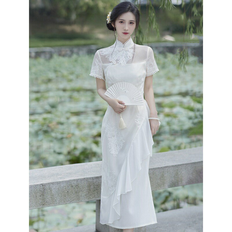 【巴黎精品】連身裙改良旗袍-短袖網紗刺繡荷葉邊女裙子v1bp19