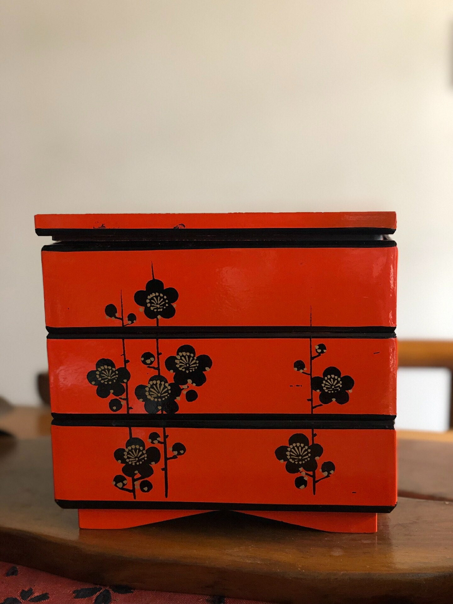日本中古回流實木大漆 五面手繪梅花三重段食盒 收納箱 桌面收