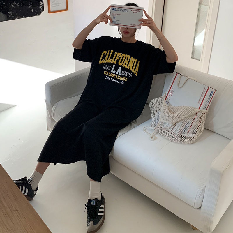 ANNAS 正韓 LA字母懶人裙 洋裝 短袖 長裙 長洋 休閒 運動 長版T 顯瘦 寬鬆 棉質 長洋裝 韓國 4