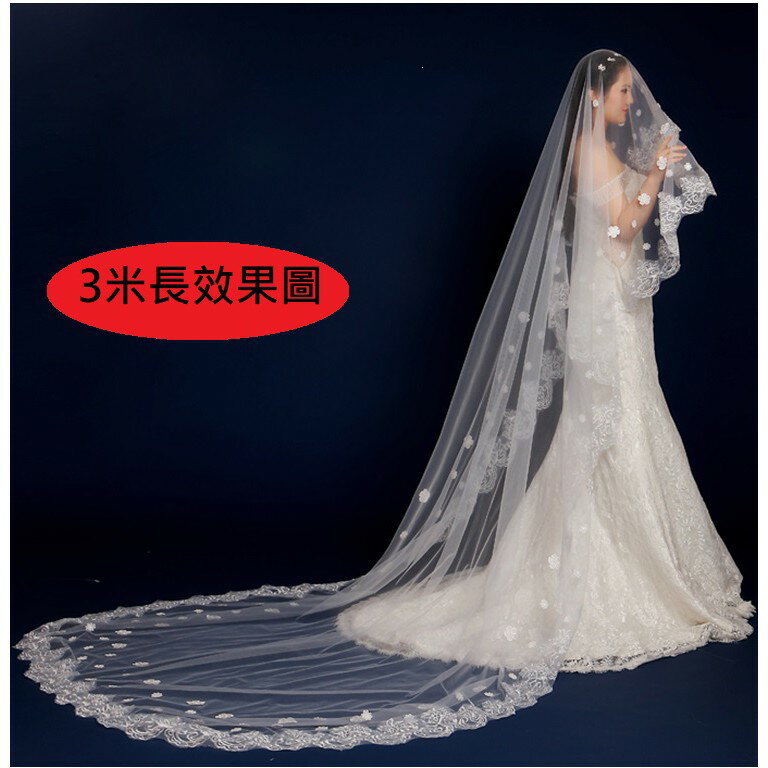 瑪姬現貨頭紗T024新娘頭紗婚紗新款韓式頭紗超長3米頭紗結婚拖尾蕾絲-瑪姬主義新娘飾品