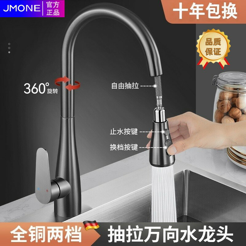 【臺灣公司 可開發票】槍灰廚房洗菜盆水龍頭全銅冷熱抽拉萬象旋轉抽拉伸縮水槽專用龍頭