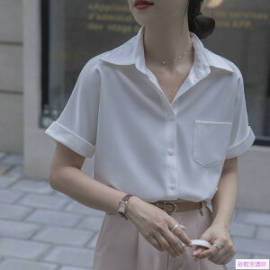 女生白襯衫短袖日系內搭設計感小眾寬松復古翻領夏季休閑上衣