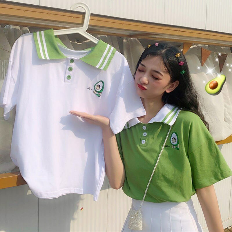 夏季女裝韓版寬松ins同款綠色POLO翻領短袖t恤女學生bf半袖上衣潮