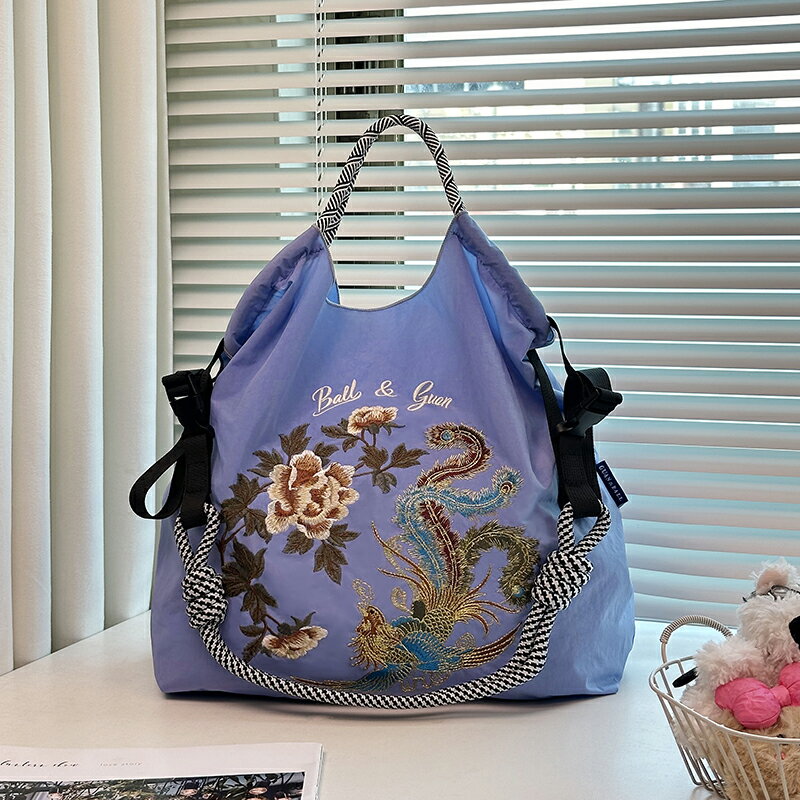 日系ball chain同款刺繡鳳凰於飛環保袋帆布包女2024新款購物袋通勤包