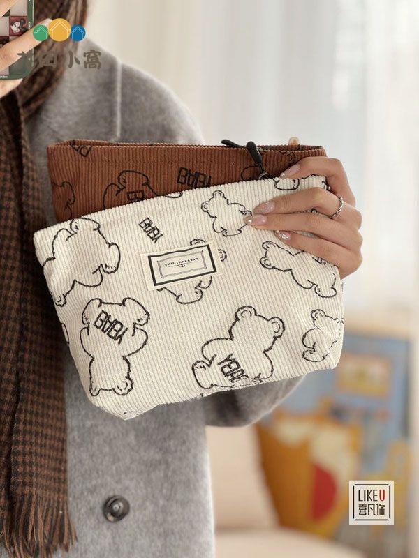 原創自制秋冬韓版可愛小熊復古簡約燈芯絨化妝包 便攜手拿包 收納包 [PP0513021]