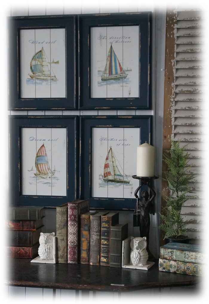 原單 美式鄉村 木質復古做舊 帆船畫 書房兒童房裝飾畫 四件套1入