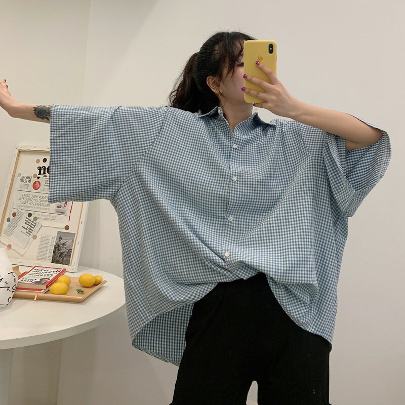 夏季大碼女裝胖妹妹復古BF寬松中長款POLO領格子短袖襯衫