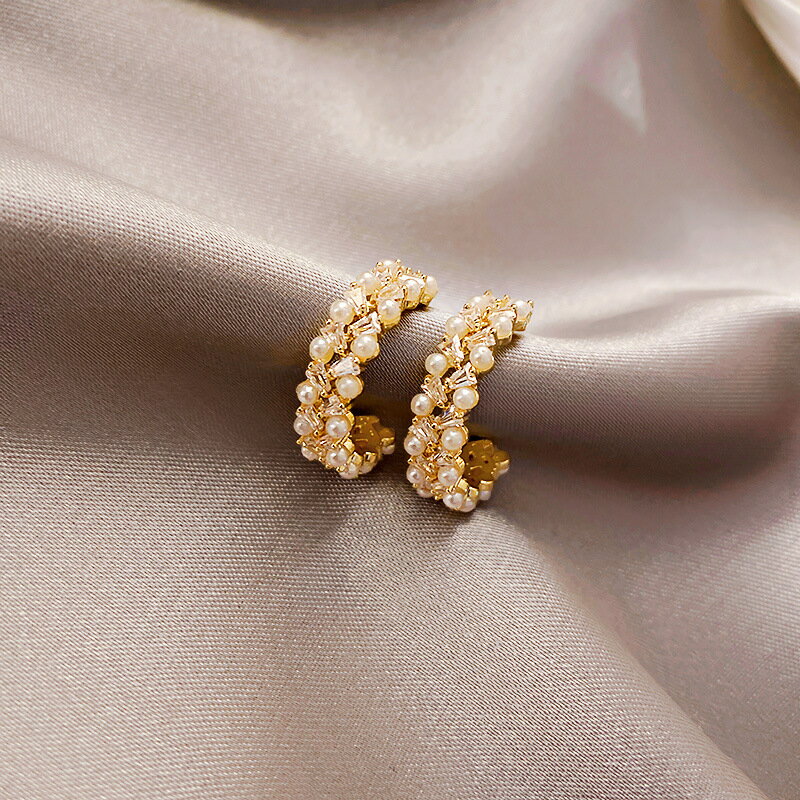 925銀針簡約珍珠鋯石耳環韓國精致耳釘百搭顯臉瘦C型耳圈氣質耳飾