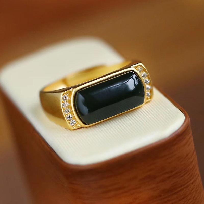 【墜享】天然和田墨玉復古開口S925純銀戒指大氣時尚情侶戒指飾品