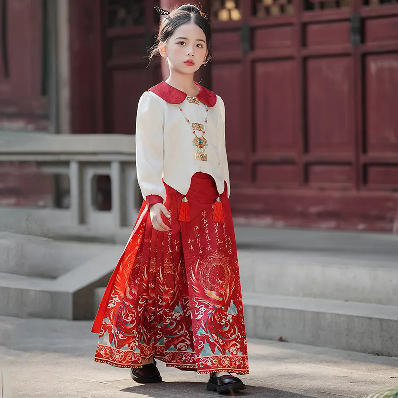 兒童洋裝 女童馬面裙套裝 洋氣兒童長裙 中大童漢服裙 小女孩國風唐裝 兒童長袖長裙兩件套 女生漢服【不二雜貨】