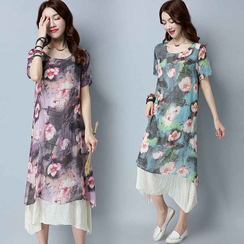 FINDSENSE G5 韓國時尚 夏季 新款 女裝 復古 棉麻 短袖 中長款 連身裙 女裙
