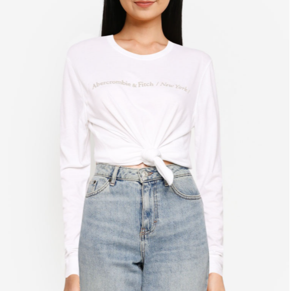 Abercrombie & Fitch 女裝 長袖打結印花T恤 長袖T 圓領 純棉上衣 A54100 白色AF(現貨)▶指定Outlet商品5折起☆現貨【送禮首選★APP下單點數4倍送】