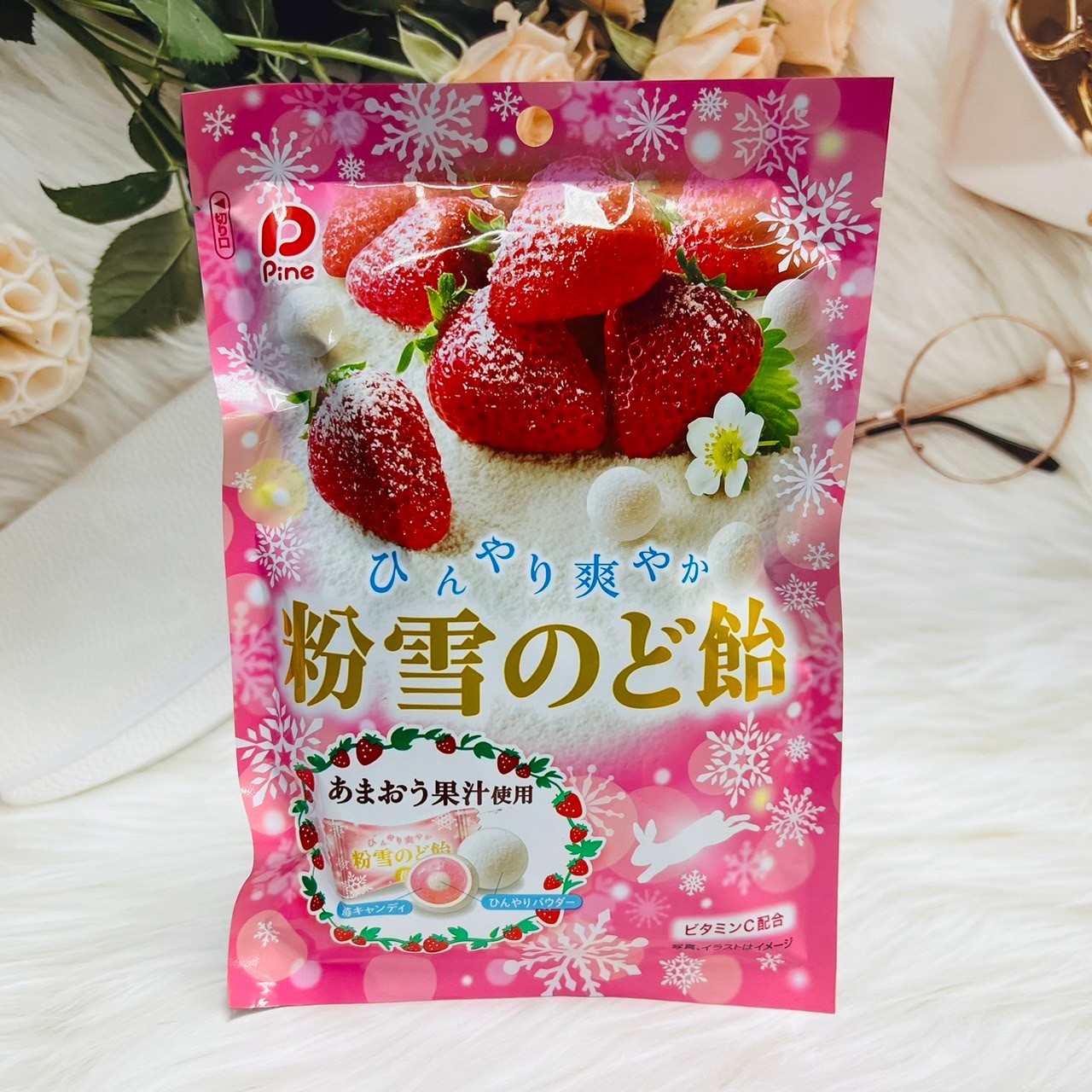 日本 Pine 派恩 粉雪 草莓風味喉糖 草莓糖 粉雪糖 使用甘王草莓果汁｜全店$299 全家取貨免運｜滿額折500｜APP下單最高賺19%點數⚡