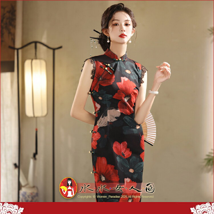 年輕款改良無袖旗袍春夏新品新中式復古老上海日常連身裙洋裝裙氣質高階顯白顯瘦-嫣紅-水水女人國