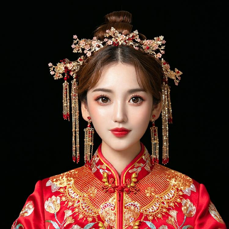 中式新娘秀禾頭飾鳳冠大氣秀禾服紅色飾品結婚2021新款皇冠發飾女 全館免運