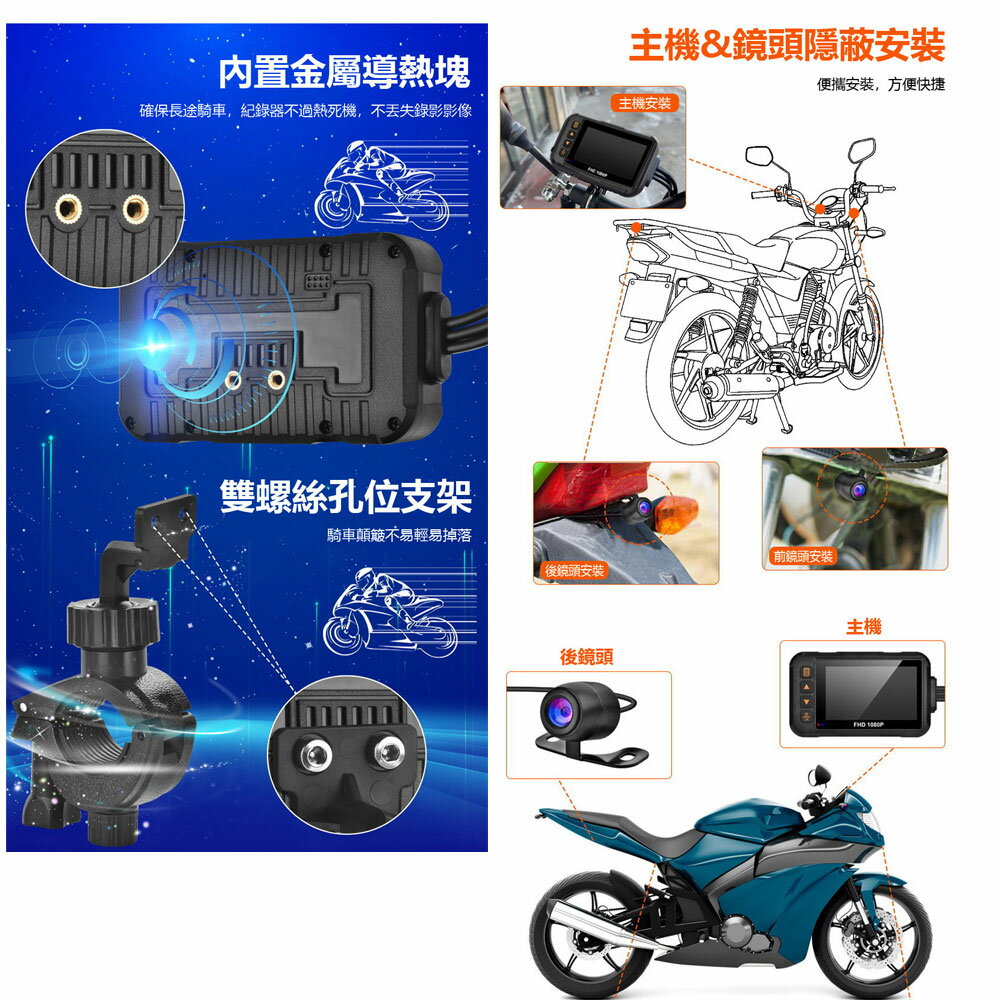 MR-21XW 3吋高畫質雙鏡頭前後錄影機車行車紀錄器 前後雙錄 重力感應碰撞 便攜安裝 6