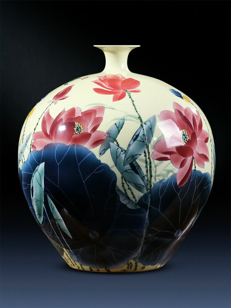 景德鎮陶瓷花瓶手繪荷花手工瓷器石榴瓶中式家居客廳裝飾擺件飾品