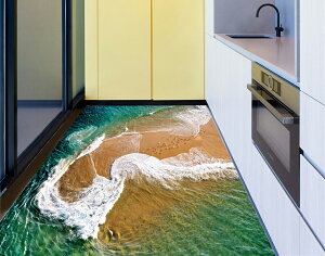 DT4423D防滑地板貼紙 海浪淺灘海鷗房門浴室廚房防水地貼裝飾1入
