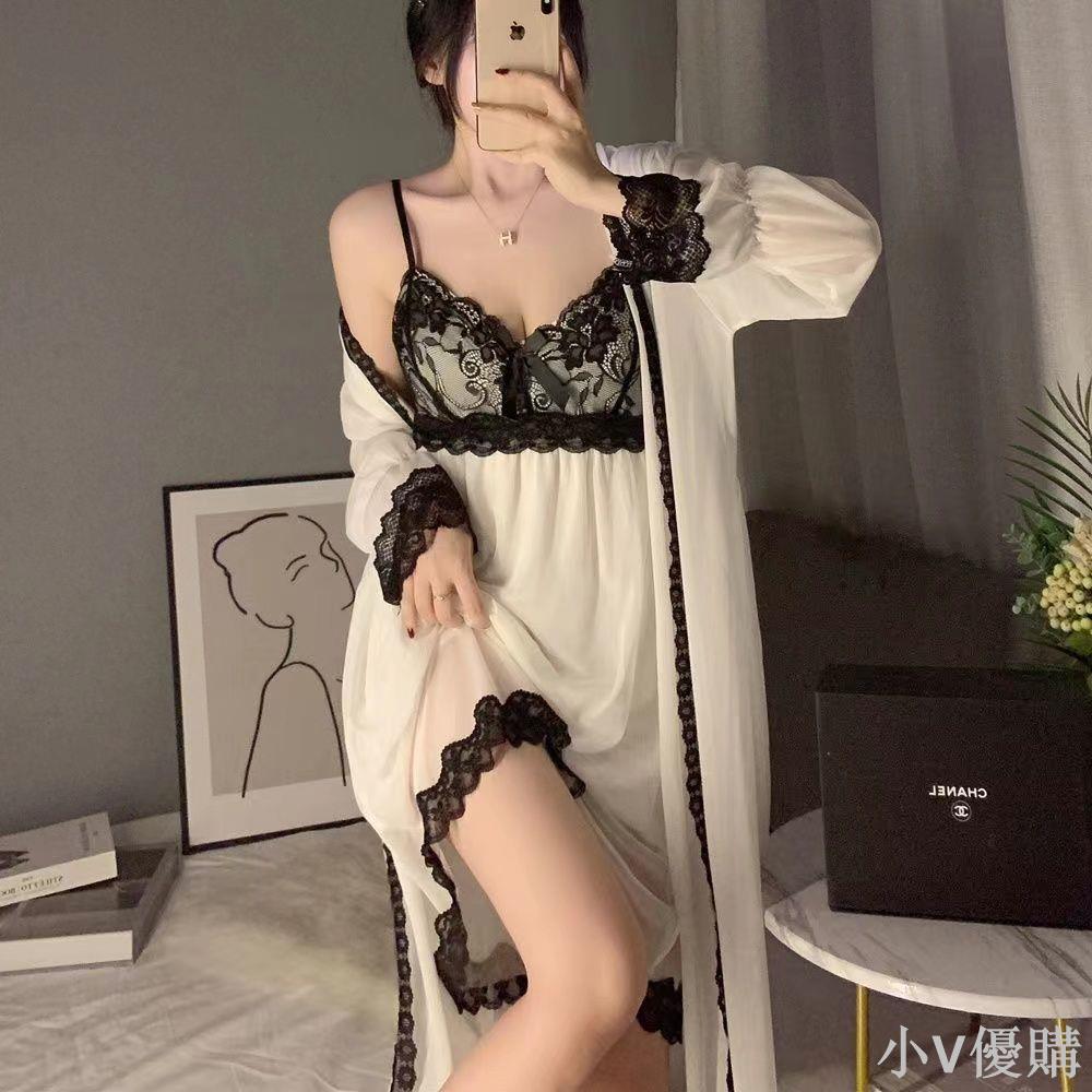 小V 睡衣女春夏季長袖性感吊帶睡裙純欲風網紗家居服睡袍兩件套帶胸墊