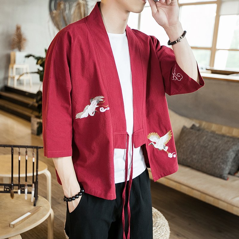 FINDSENSE H1 2018 夏季 新款 男 日本 復古風 高端 氣質 大碼 刺繡開衫 七分袖防曬衣 潮上衣外套