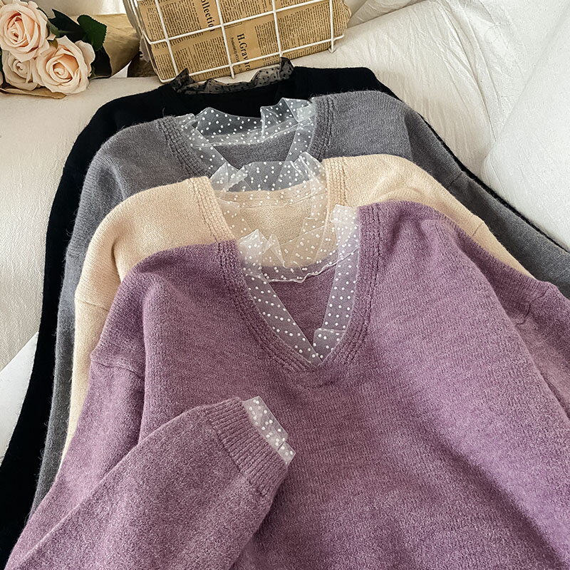 蕾絲拼接紫色毛衣女新款冬季V領套頭針織衫慵懶風爆款上衣