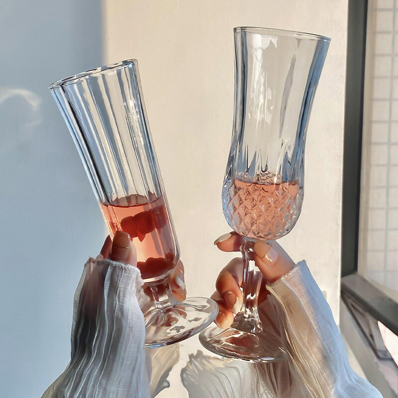 ins風玻璃浮雕香檳杯紅酒杯子高腳杯高顏值洋酒葡萄酒杯水杯家用【尚宜家居】