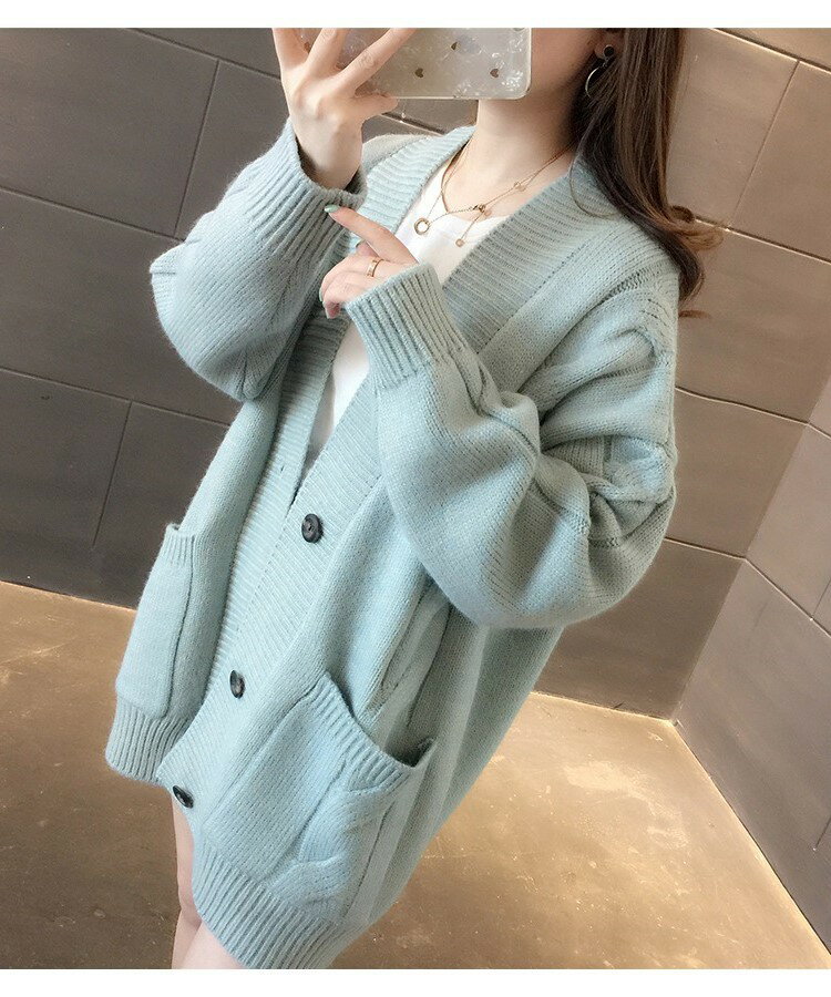 女裝 外套 韓系風 氣質上衣 韓版   春秋新款慵懶風V領麻花針織衫寬鬆外穿女裝開衫V領百搭毛衣外套潮 治裝激推 5