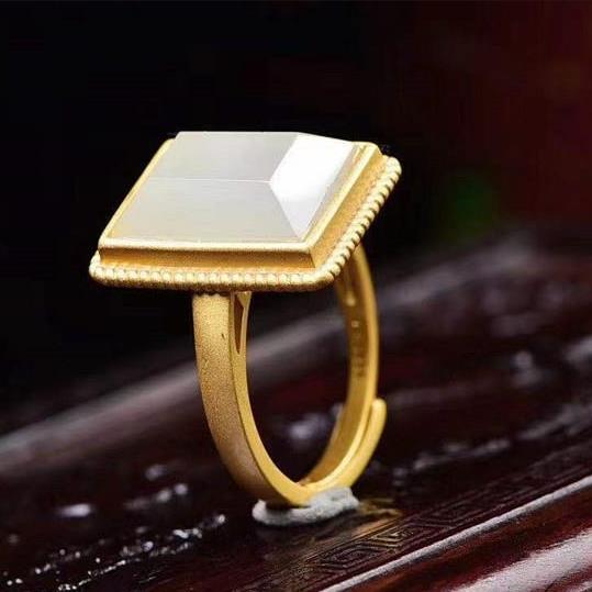 【墜享】S925純銀天然和田白玉幾何花紋戒指氣質簡約女士戒指飾品