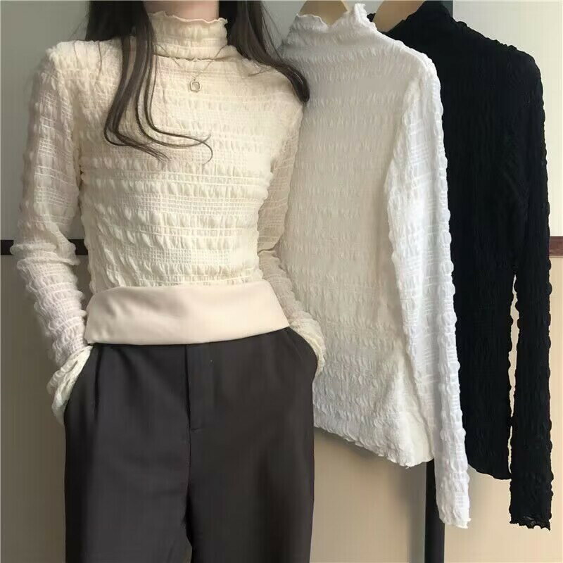 FUXI 半高領長袖蕾絲打底衫女 秋冬加絨加厚內搭上衣 高領發熱衣 內刷毛保暖上衣 修身外穿長袖上衣 女裝 衣服
