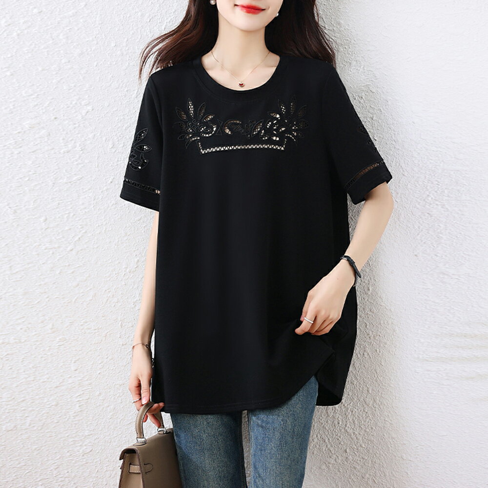 ＊ORead＊圓領刺繡短袖T恤上衣(黑色L~5XL)