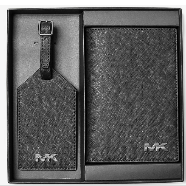 MICHAEL KORS 護照夾/行李吊牌禮盒組 十字紋防刮真皮皮革 護照套 M52703 黑色MK(現貨)▶指定Outlet商品5折起☆現貨【送禮首選★APP下單點數4倍送】