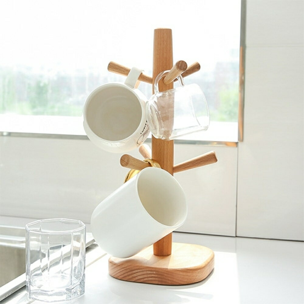 ✤宜家✤歐式原木直立杯架 創意時尚收納架 簡約櫸木六爪杯架