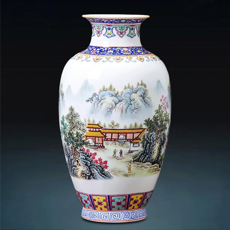 景德鎮陶瓷器仿古琺瑯彩山水畫中式花瓶家居復古擺件客廳插花裝飾