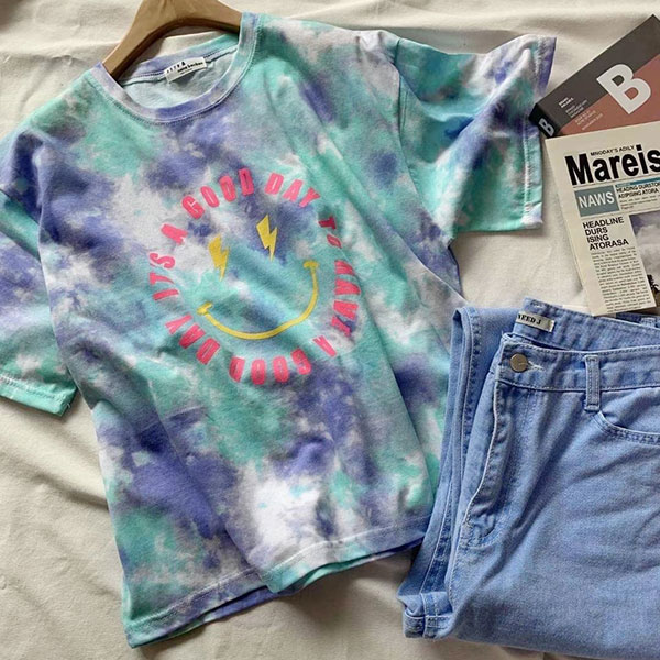 ANNAS 正韓 笑臉 暈染 渲染 短袖 T 上衣 棉T 扎染 水彩 潑漆 漸層 彩色 彩虹 螢光 微笑 潮流 韓國 5