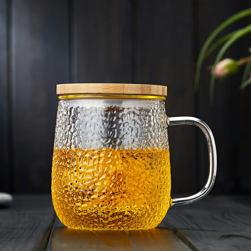 美斯尼玻璃杯家用茶水分離泡茶杯過濾水杯女透明錘紋簡約花茶杯子