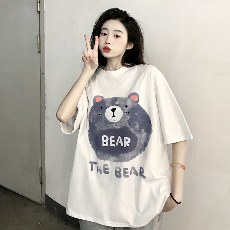 春季2022新款美式復古白色小熊短袖T恤 設計感小眾寬松上衣【淘夢屋】